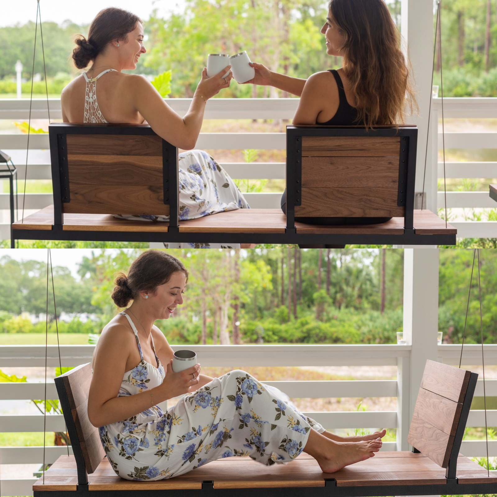 two girls on a modern wooden porch swing