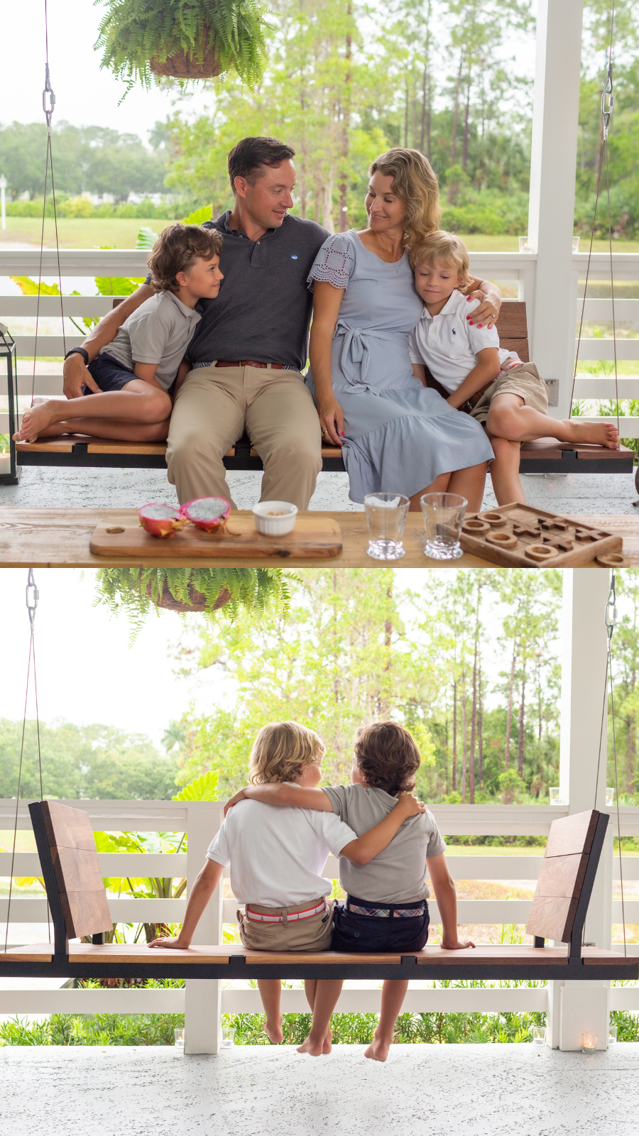 Family sitting on a wooden porch swing 